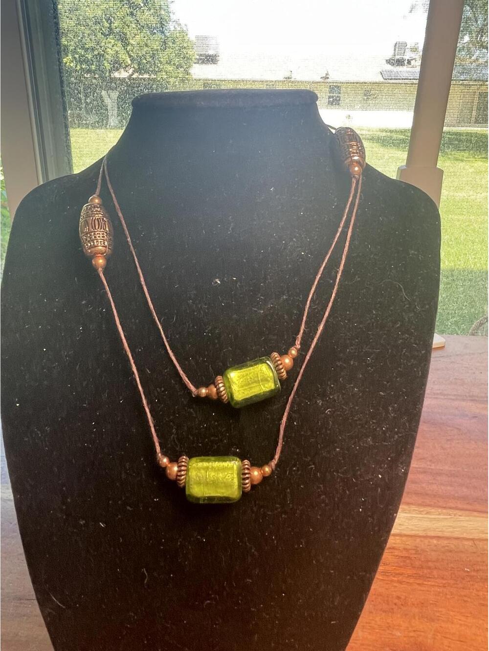 Vintage Handmade Green Stone and Copper Colored Beadnecklace